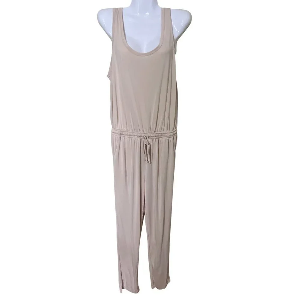 Lush Womens Sleeveless Beige Jumpsuit Large  With‎ Elastic Waist & Scoop Neck